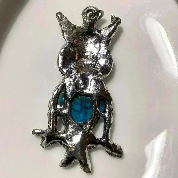 Vintage Silver Tone Owl Necklace Faux Turquoise Belly Bead Rhinestone Pendant - Picture 5 of 5